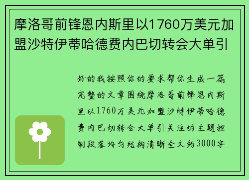 摩洛哥前锋恩内斯里以1760万美元加盟沙特伊蒂哈德费内巴切转会大单引关注 摩洛哥前锋恩内斯里以1760万美元加盟沙特伊蒂哈德费内巴切转会大单引关注