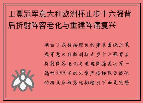 卫冕冠军意大利欧洲杯止步十六强背后折射阵容老化与重建阵痛复兴